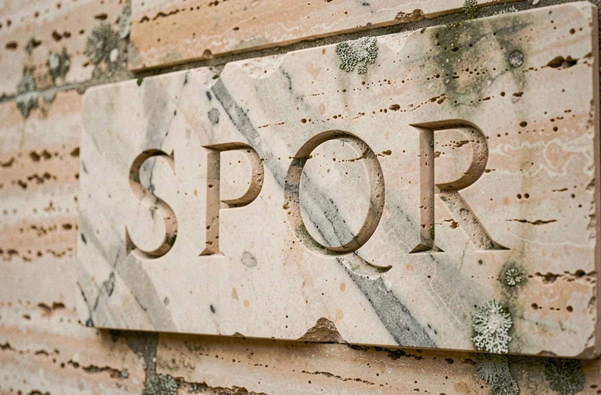 Tablette en marbre antique gravée des lettres SPQR, symbole de la République romaine, sur un mur en travertin patiné