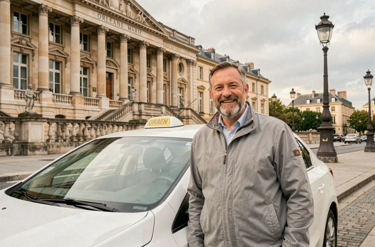 Chauffeur des Taxis d'Orléans appuyé contre son véhicule devant la Mairie d'Orléans