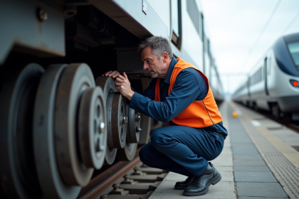 Technicien de train inspectant une roue TGV en extérieur