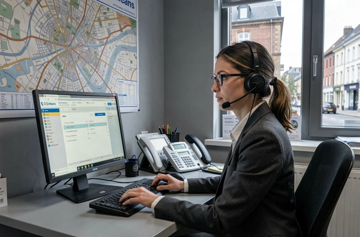 Opératrice de Transpers Orléans à son poste de dispatch avec carte de la ville en arrière-plan