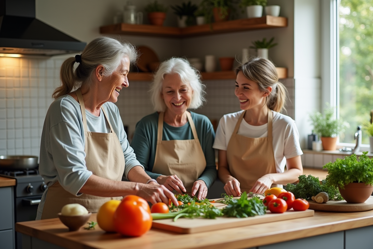 Trois femmes de generations differentes preparent un repas dans la cuisine