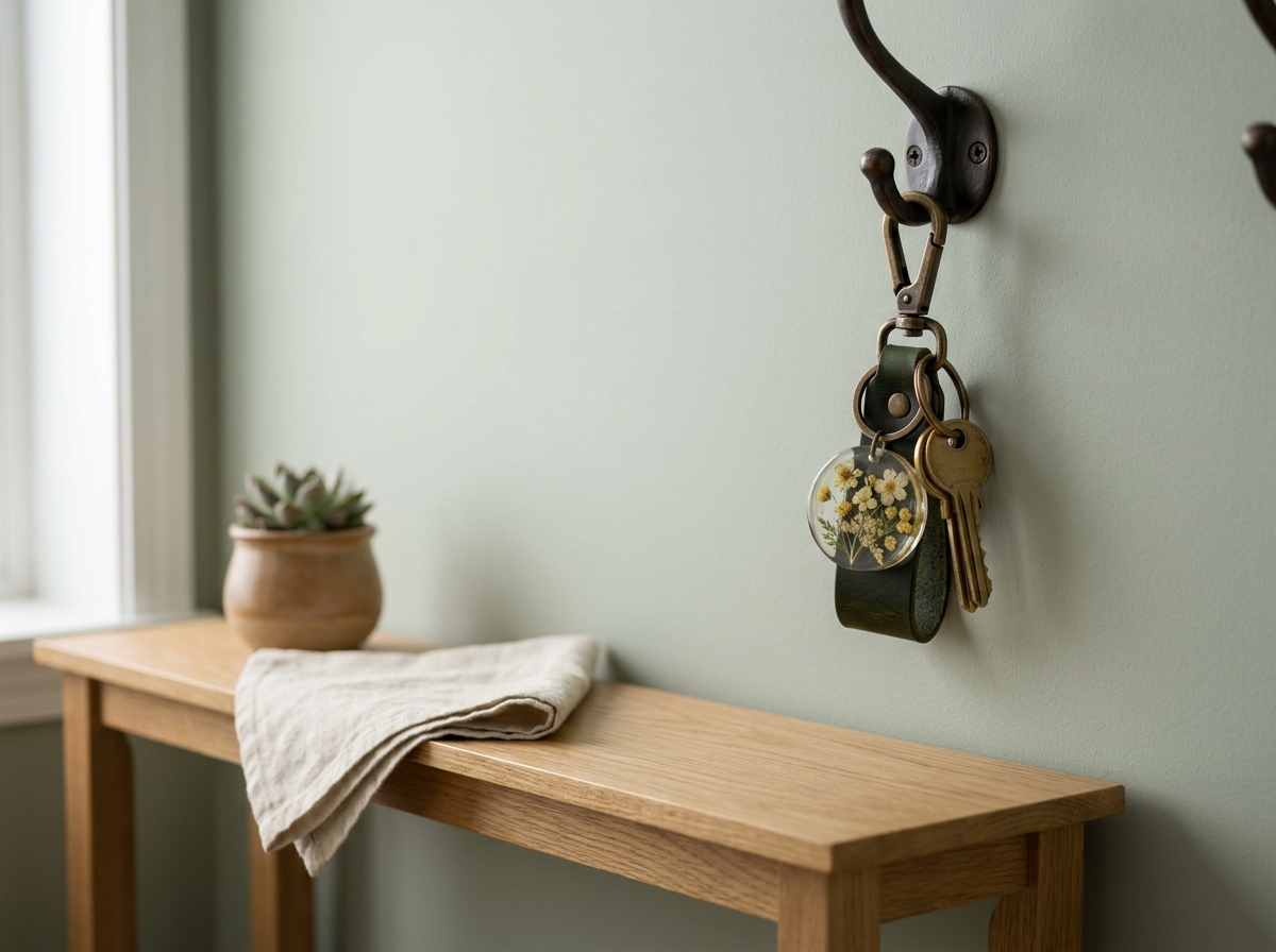 Trousseau de clés suspendu à un porte-manteau dans une entrée décorée avec charme en résine et mousqueton bronze